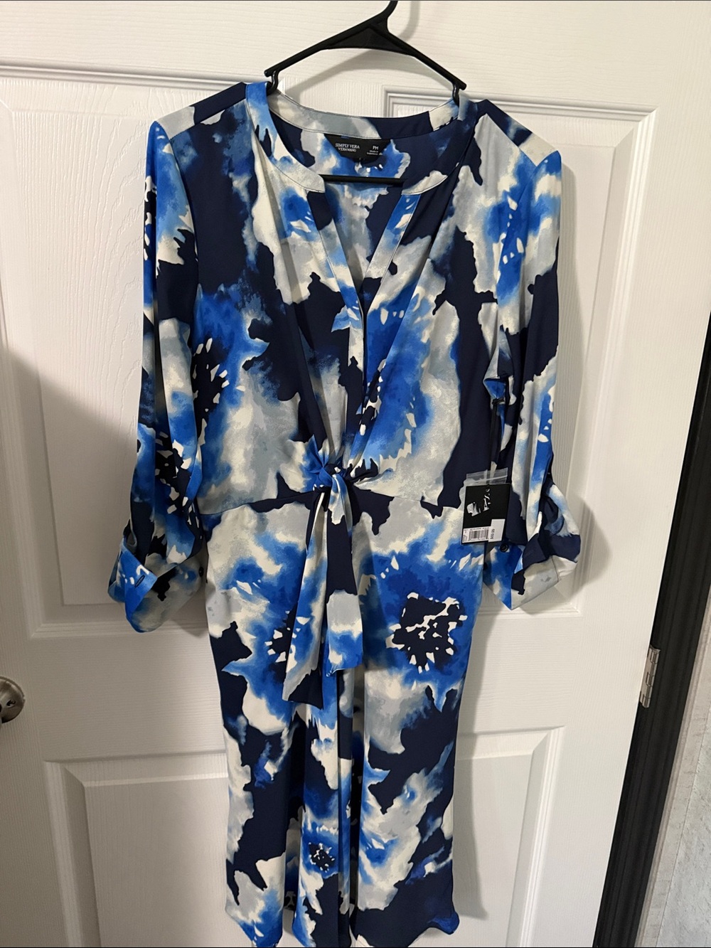 Simply Vera Vera Wang Blue White Abstract Tie-Front Midi Dress